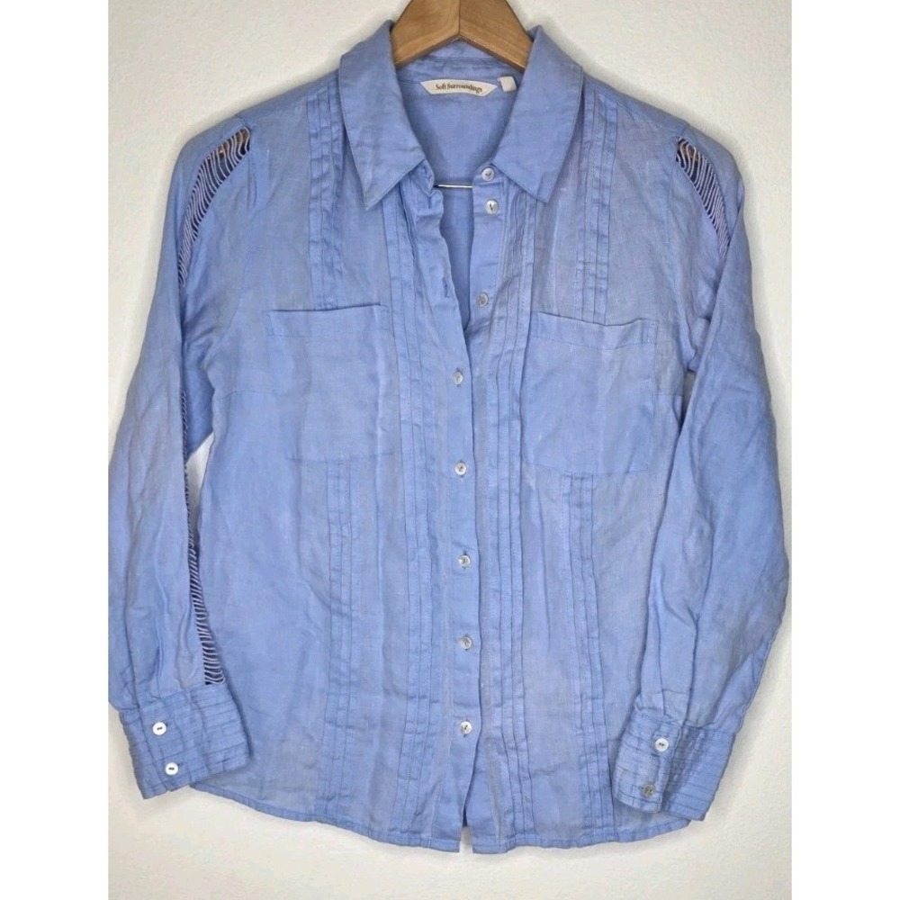 Soft Surroundings Women XS Top Blue Long Sleeve Button Front Linen Blouse Boho